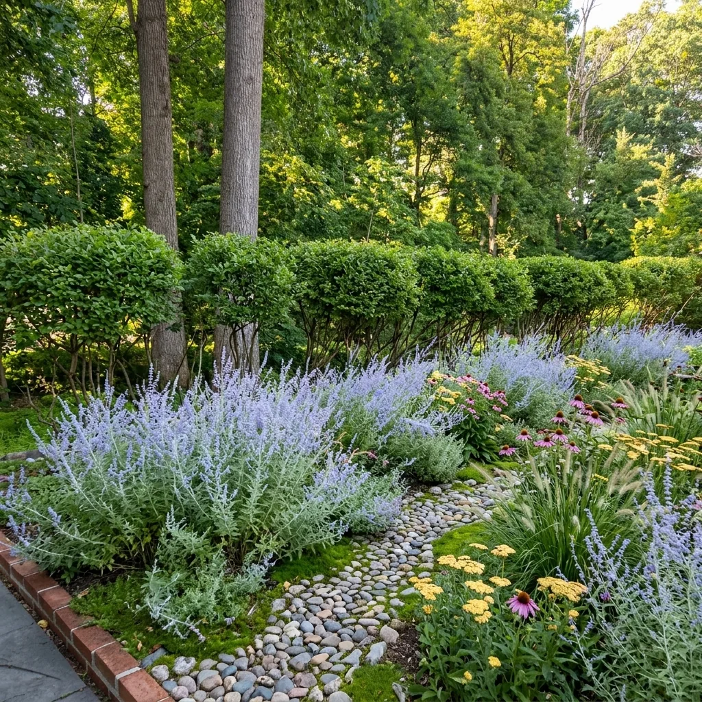 Perennial border with Russian sage and pebble creek